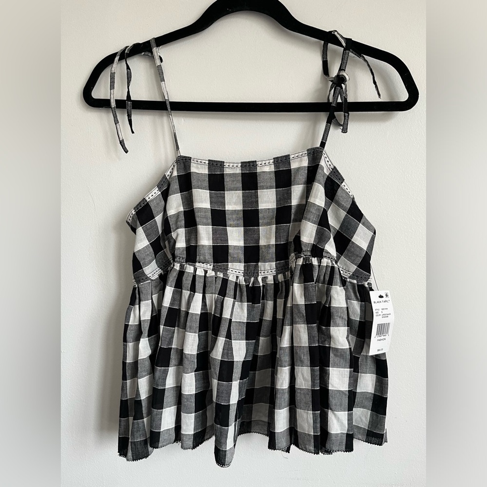 NWT 🆕 Black Tape Self Tie Tiered Tank Top - Plaid Gingham - S Small